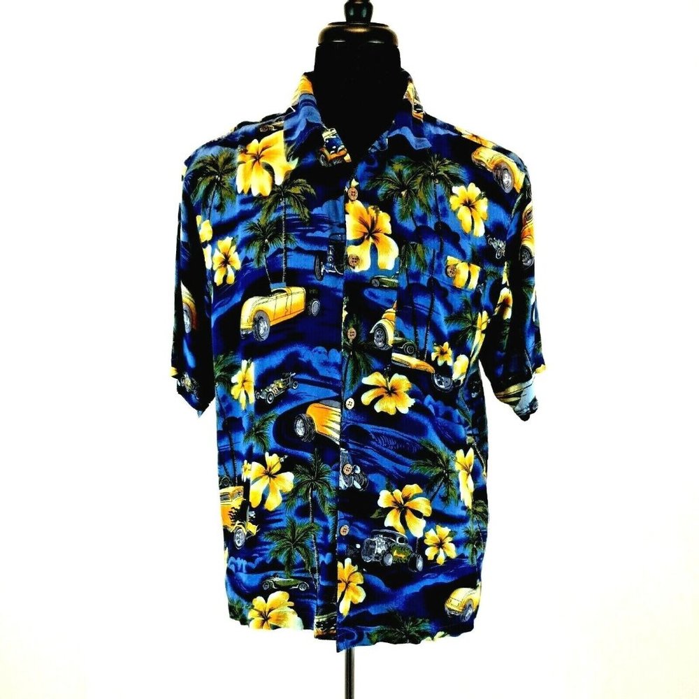 Covington Short Sleeve Shirt Men Large Hawaiian Classic Car Camp Floral Blue